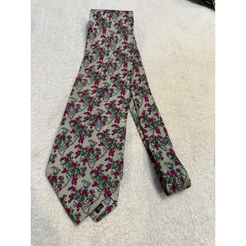Rando Kruk Homme Silk Tie Berry Vine Floral Sage Magenta Hand Made in France